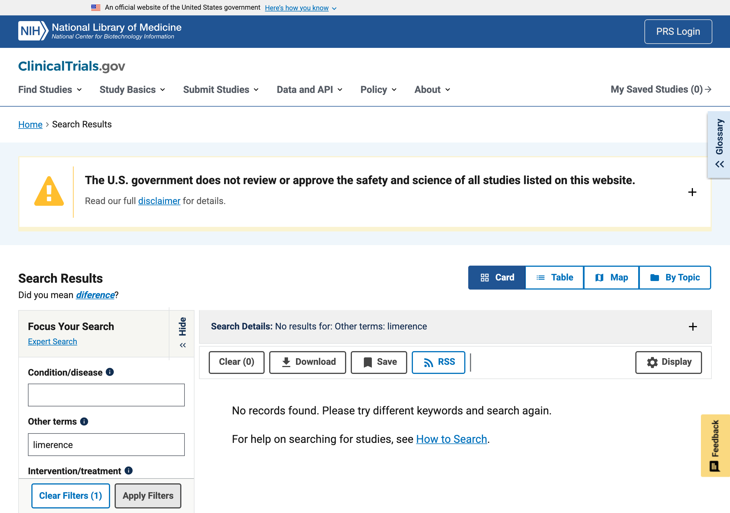 ClinicalTrials.gov search results for limerence, showing no records found