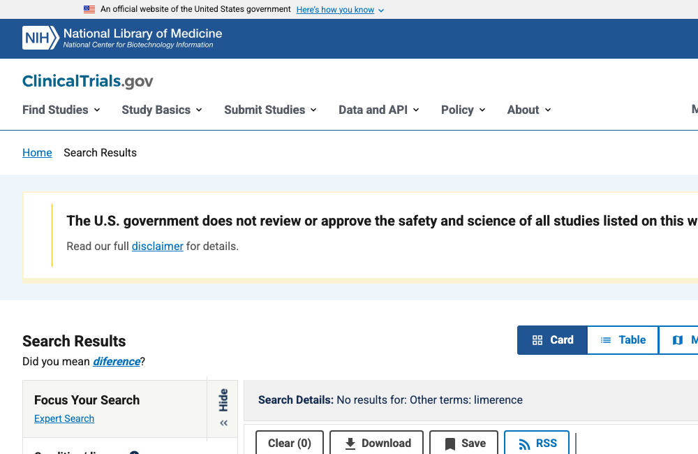 ClinicalTrials.gov search results for limerence, showing no results