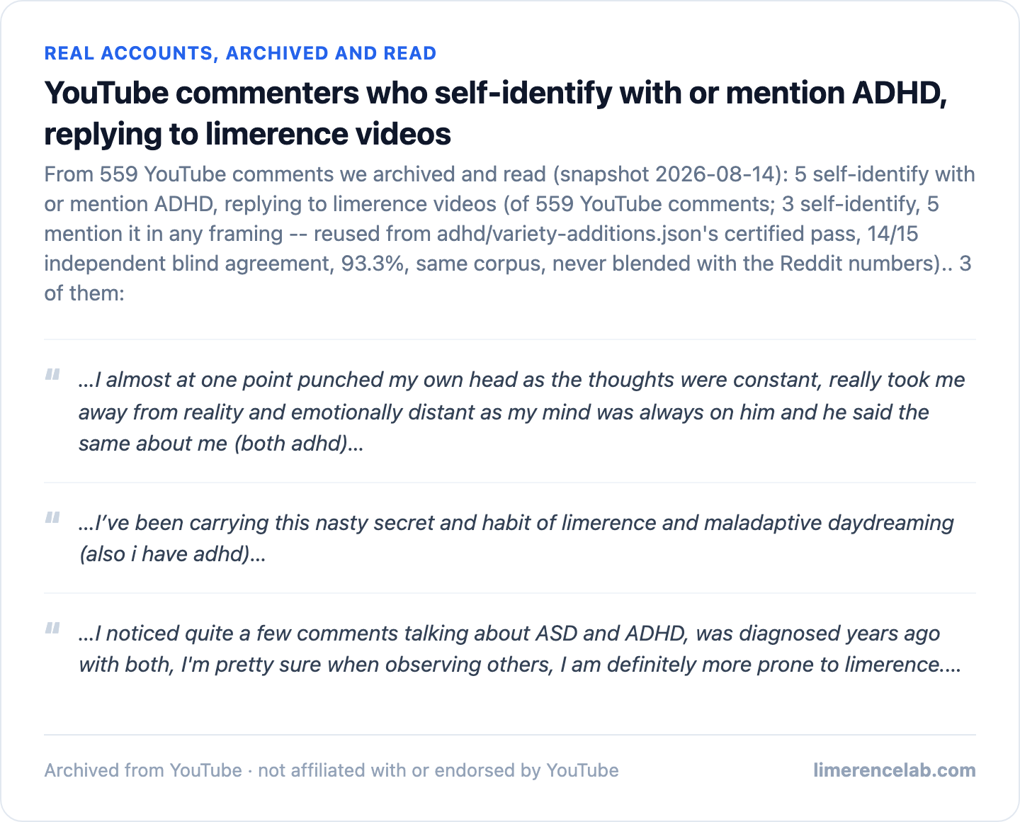 Real archived YouTube comments self-identifying with ADHD, replying to limerence videos