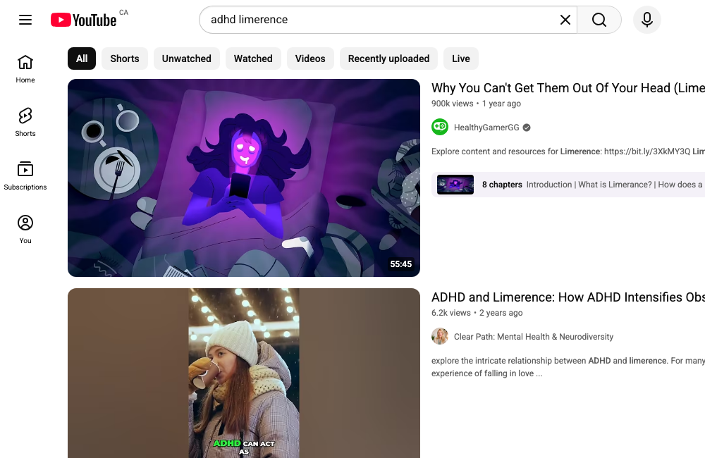 YouTube search results for ADHD and limerence, showing real videos discussing the connection