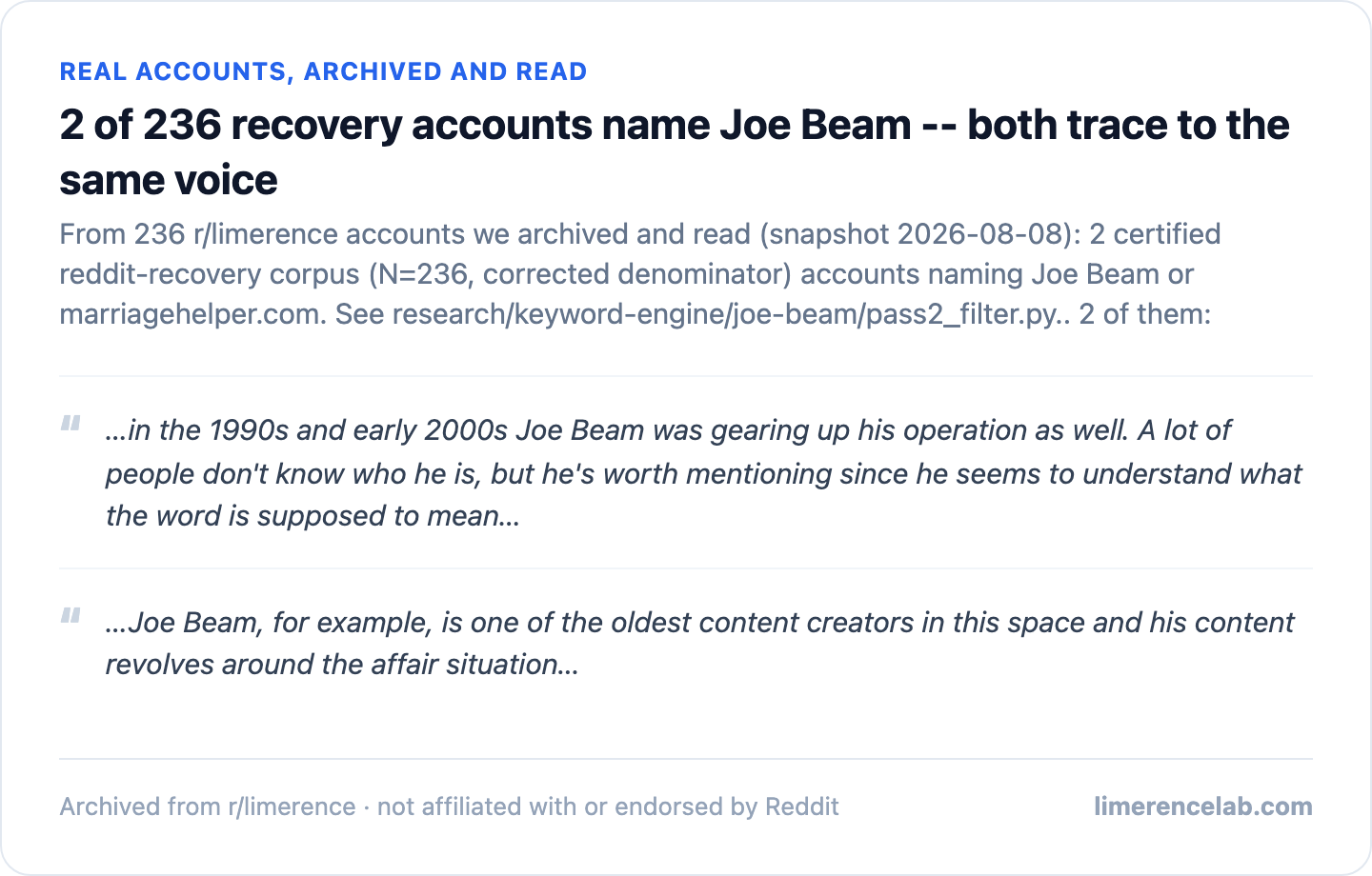 Two real archived recovery accounts naming Joe Beam